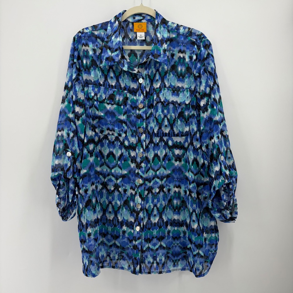 Ruby Rd Womens 14 Blue Ikat Print Roll Tab Sleeve Button Front Shirt Metallic